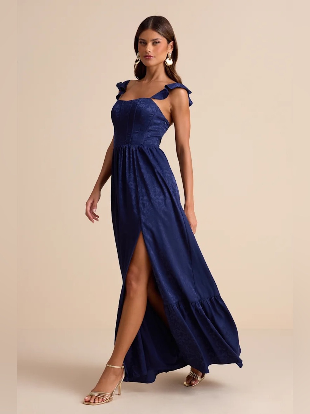 Lulu's Arlaith Navy Jacquard Lace-Up Corset Maxi Dress NWT XL
